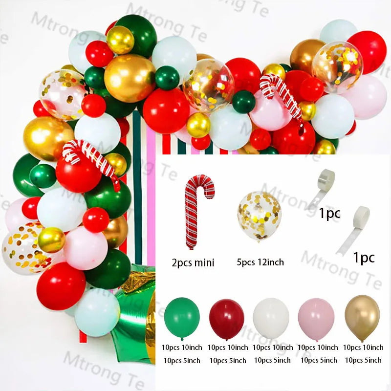 Christmas Balloon Garland Arch – Red & Green Balloons, Star, Santa, and Gift Box Foil Balloons for Xmas and New Year Decoration