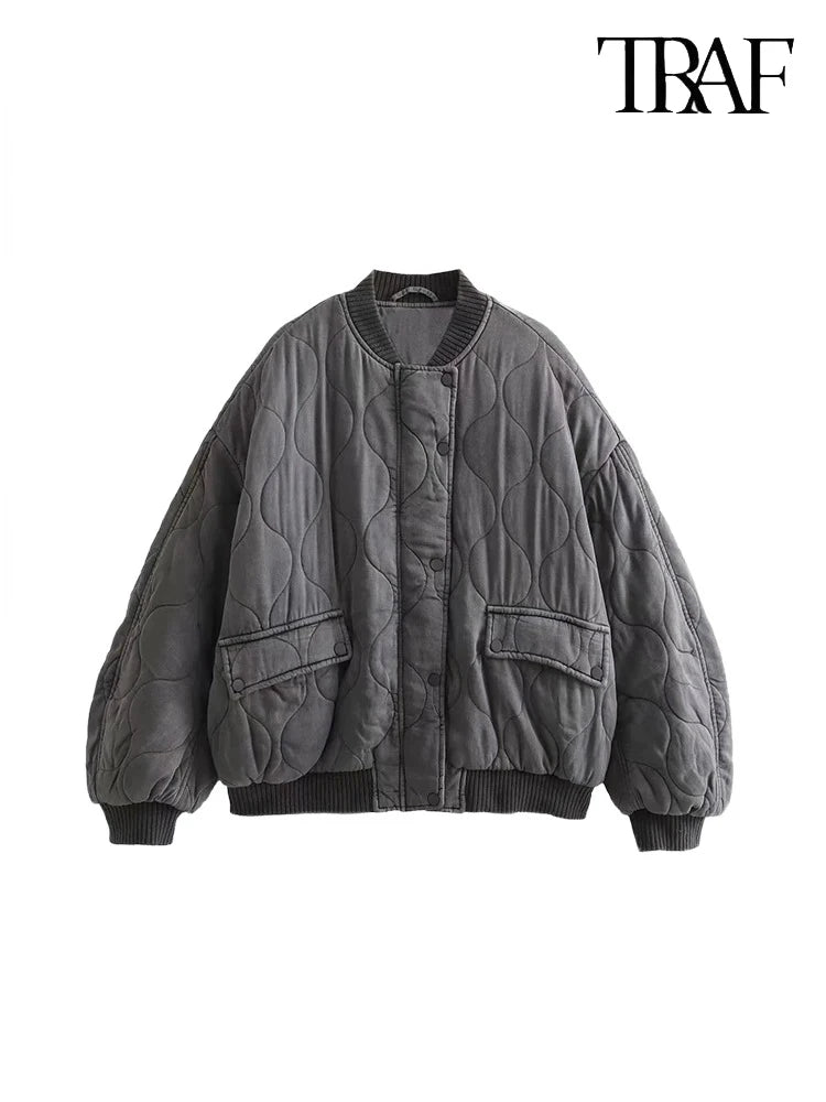TRAF Women’s Quilted Aviator Jacket – Solid Color Round Collar Long Sleeve Casual Coat