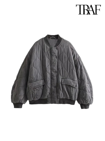 TRAF Women’s Quilted Aviator Jacket – Solid Color Round Collar Long Sleeve Casual Coat