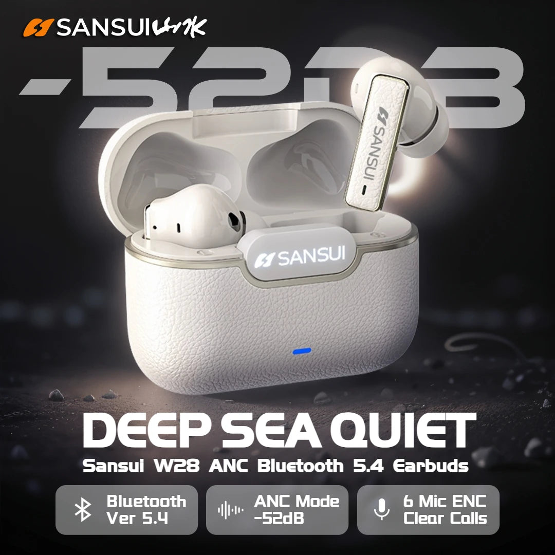 Sansui W28 ANC Bluetooth Earbuds – -52dB Noise Cancelling, 6-Mic HD Calls, In-Ear Detection, Comfort Fit for Sports & Work