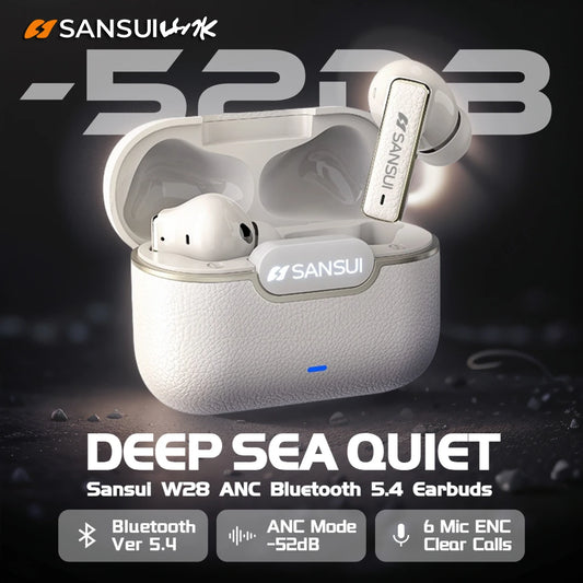 Sansui W28 ANC Bluetooth Earbuds – -52dB Noise Cancelling, 6-Mic HD Calls, In-Ear Detection, Comfort Fit for Sports & Work