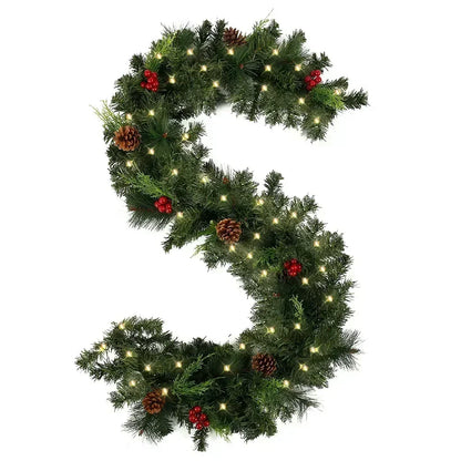 Christmas Garland Wreath with Pinecones & Red Berries – Artificial LED Rattan Decor for Tree, Stairs & Door