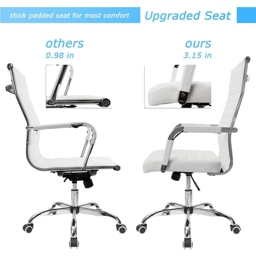 Ribbed Office Desk Chair – Mid-Back PU Leather Executive Swivel Chair with Adjustable Height & Arms for Conference & Task Use