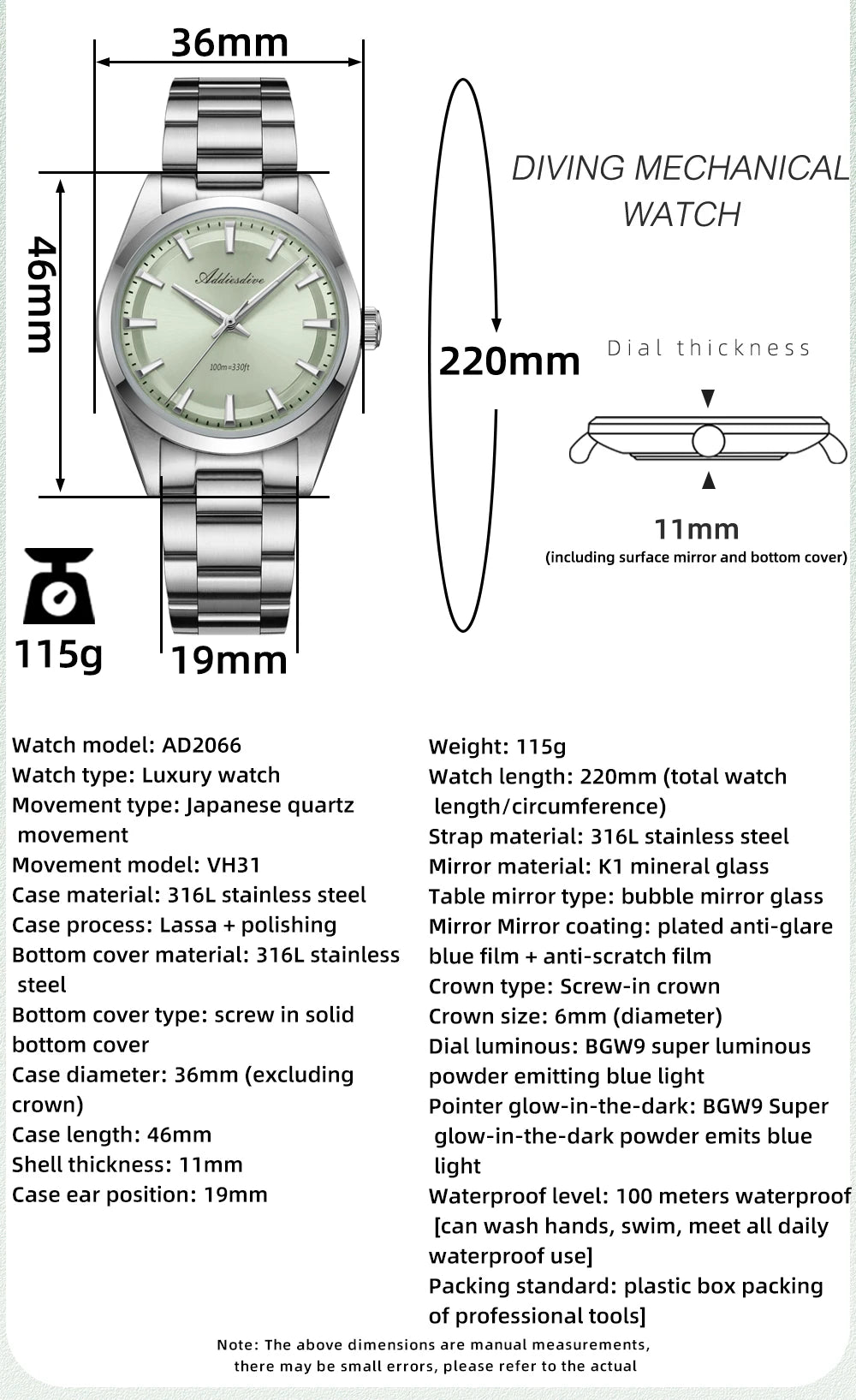 ADDIESDIVE 36MM Men's Stainless Steel Quartz Watch — Luxury Bubble Mirror Glass, 100M Waterproof Timepiece AD2066