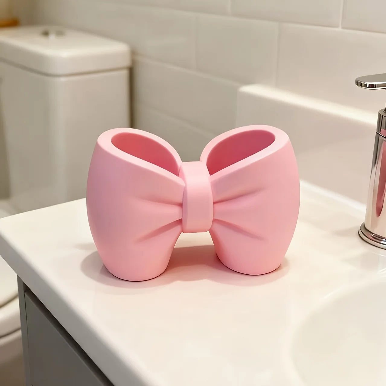Creative Bow Pen & Toothbrush Holder – Freestanding Plastic Organizer for Bedroom & Bathroom Decor