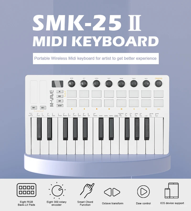 M-VAVE SMK-25 II MIDI Pad Controller Keyboard – 25 Key USB Mini, 16 RGB Drum Pads, 8 Knobs, Music Production Software Included