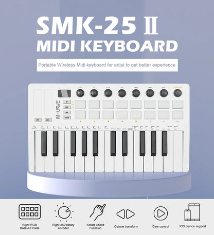 M-VAVE SMK-25 II MIDI Pad Controller Keyboard – 25 Key USB Mini, 16 RGB Drum Pads, 8 Knobs, Music Production Software Included