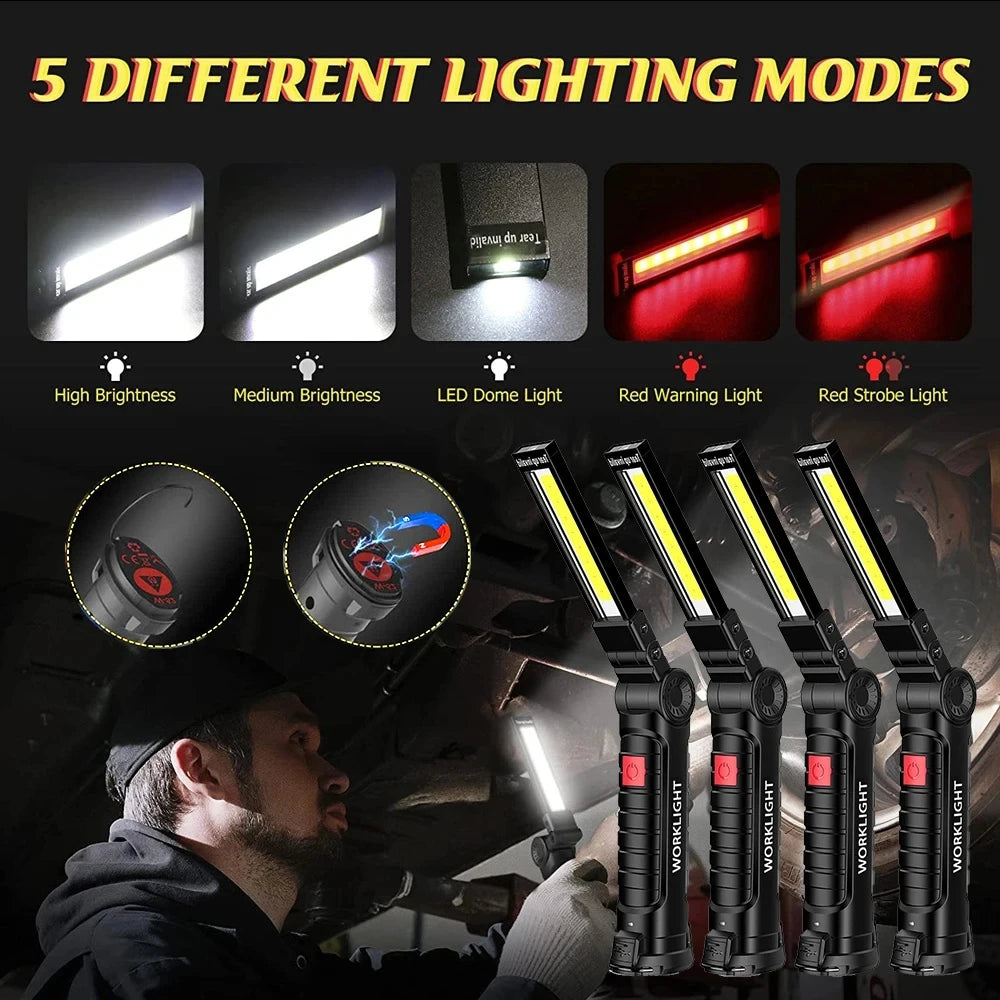 USB Rechargeable Camping LED Flashlight Work Light: IP64 Waterproof, 5 Lighting Modes - with Magnet and Hook, Suitable for Night Work