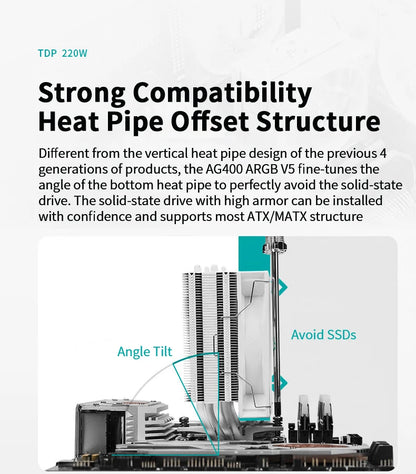 DEEPCOOL AG400 CPU Air Cooler — 4 Heat Pipe ARGB PWM Radiator, 220W TDP for Intel LGA1700/1200/115X/1151/1155 & AMD AM4/AM5