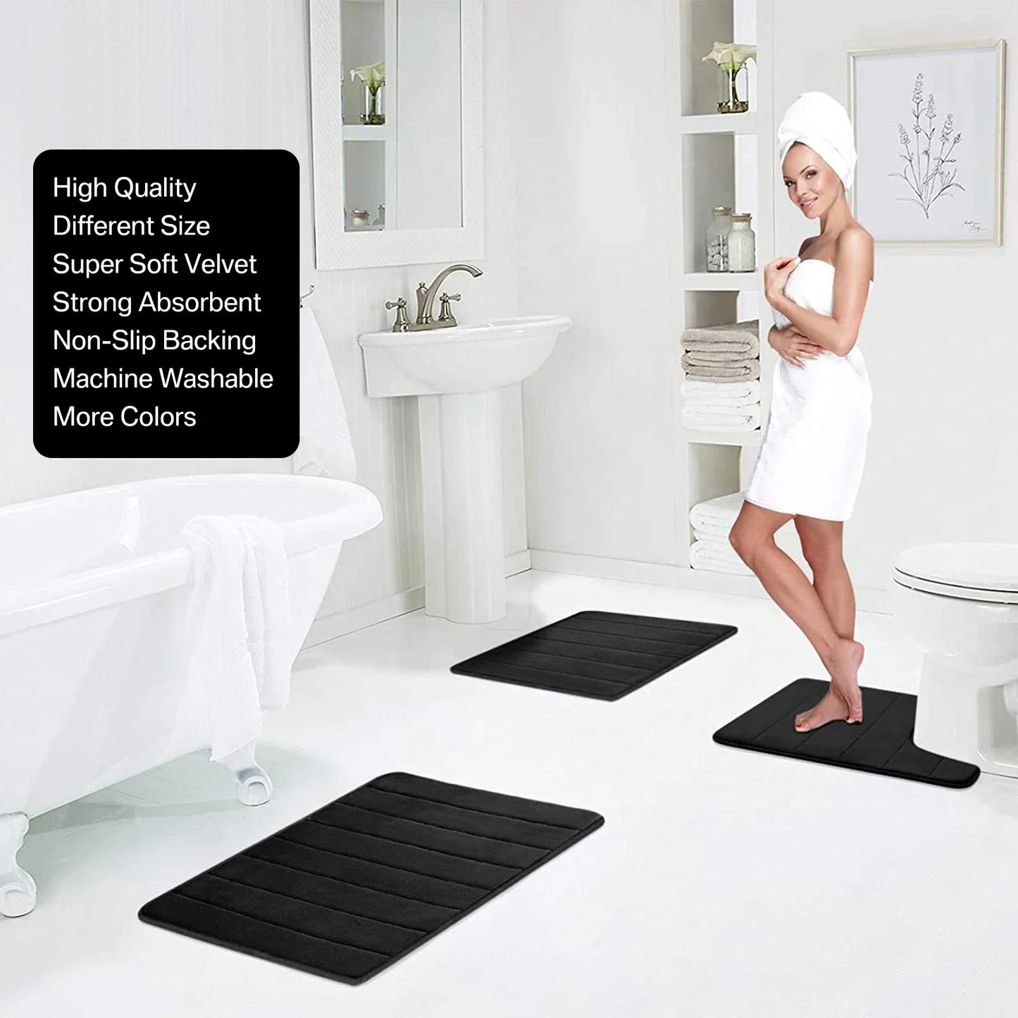 3PC Set Non-Slip Memory Foam Bath Mats - Soft, Water Absorbent, Quick-Dry, Machine Washable Floor Rugs