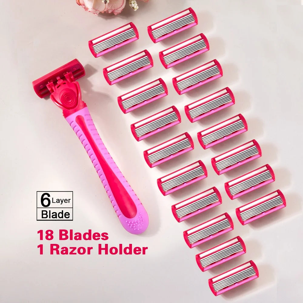 Women’s 6-Layer Manual Safety Razor Set – 1 Handle + 18 Stainless Steel Replaceable Blades