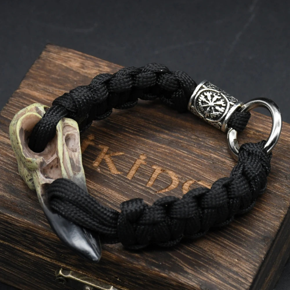 Odin Crow Skeleton Viking Bracelet - Norse Rune Bead Paracord Rope Valknut Eagle Pendant Amulet Jewelry Gift