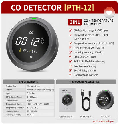FABISENSE 3-in-1 Carbon Monoxide Detector - High-Precision CO Monitor with Temperature & Humidity Sensor
