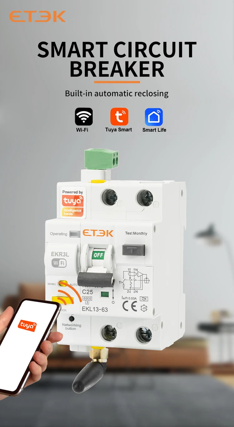 ETEK Tuya WiFi Smart Circuit Breaker RCBO – Remote Control, Short Circuit Protection, Timer, 2P 16A-63A, Smart Life App (EKR3L)