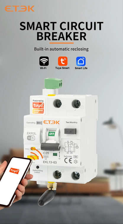 ETEK Tuya WiFi Smart Circuit Breaker RCBO – Remote Control, Short Circuit Protection, Timer, 2P 16A-63A, Smart Life App (EKR3L)