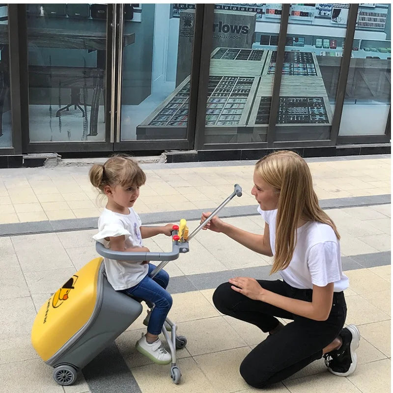 Kids Ride-On Luggage with Wheels – Sit and Ride Yellow Trolley Suitcase for Boys & Girls, Baby Walking Travel Box