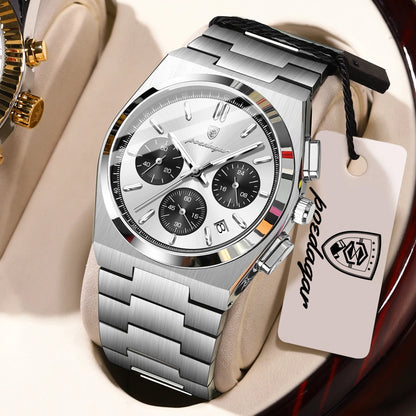 POEDAGAR Luxury Men’s Sport Chronograph Watch – Stainless Steel Waterproof Quartz Wristwatch with Date & Luminous Display