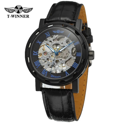 T-Winner Classic Skeleton Watch – Mechanical Hand-Wind Wristwatch with PU Leather Strap for Men & Women