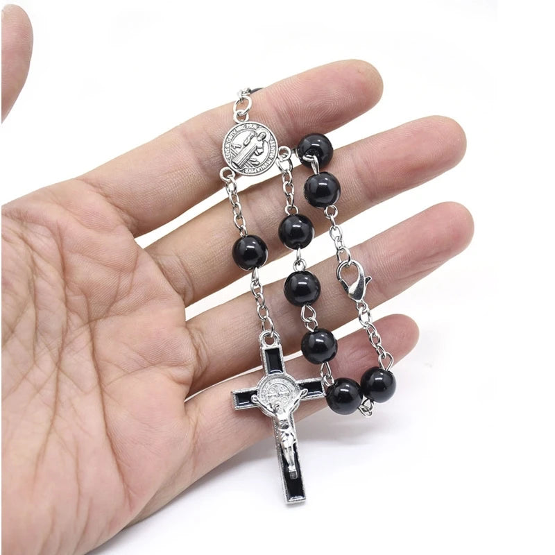 Exquisite Black Glass Rosary Cross Bracelet – Catholic Prayer Bead Jewelry, Religious Wrist Rosary for Faith & Spiritual Devotion