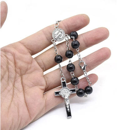 Exquisite Black Glass Rosary Cross Bracelet – Catholic Prayer Bead Jewelry, Religious Wrist Rosary for Faith & Spiritual Devotion
