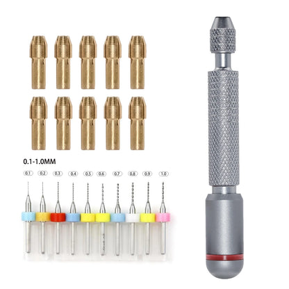 11/21-Piece Needle Vise Set – Hand Twist Drill with Double Bearing and Interchangeable Rotary Bits of Various Sizes