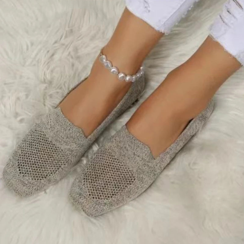 Solid Color Square Toe Mesh Loafers – Women’s Casual Slip-On Ballet Flats, Soft Bottom Knit Boat Shoes