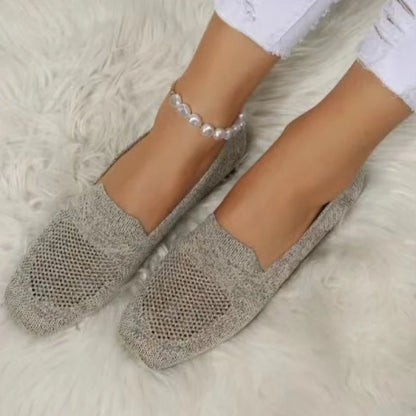 Solid Color Square Toe Mesh Loafers – Women’s Casual Slip-On Ballet Flats, Soft Bottom Knit Boat Shoes