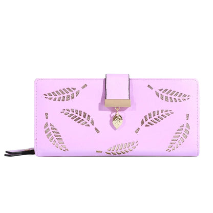 Women’s Long PU Leather Wallet – Gold Hollow Leaf Design Clutch Purse with Coin Pocket & Card Holders