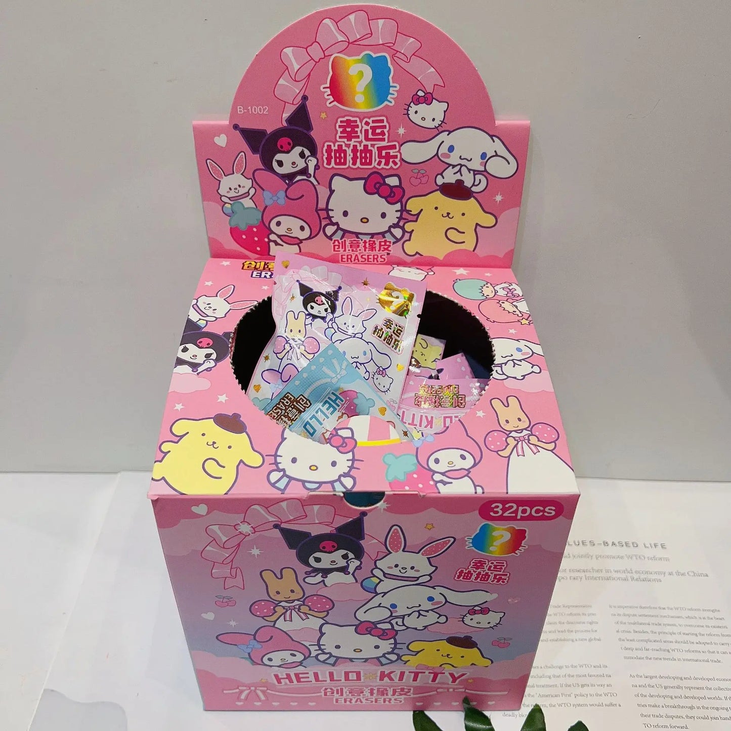 32pcs Blind Box Cartoon Erasers — Cute Kitty, My Melody & Kuromi KT Cat Mystery Box, Fun Stationery for Students & Birthday Gifts