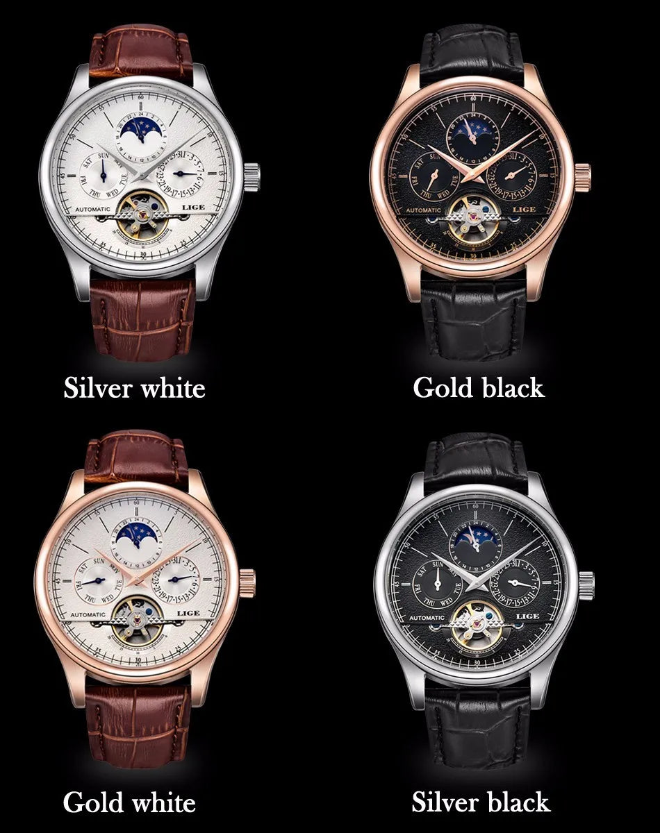 LIGE Men's Automatic Mechanical Tourbillon Watch - Waterproof Genuine Leather Military Wristwatch