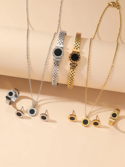 Niche Design Roman Digital Jewelry Set — Titanium Steel Necklace, Bracelet & Ring Studs for Women, Simple & Elegant