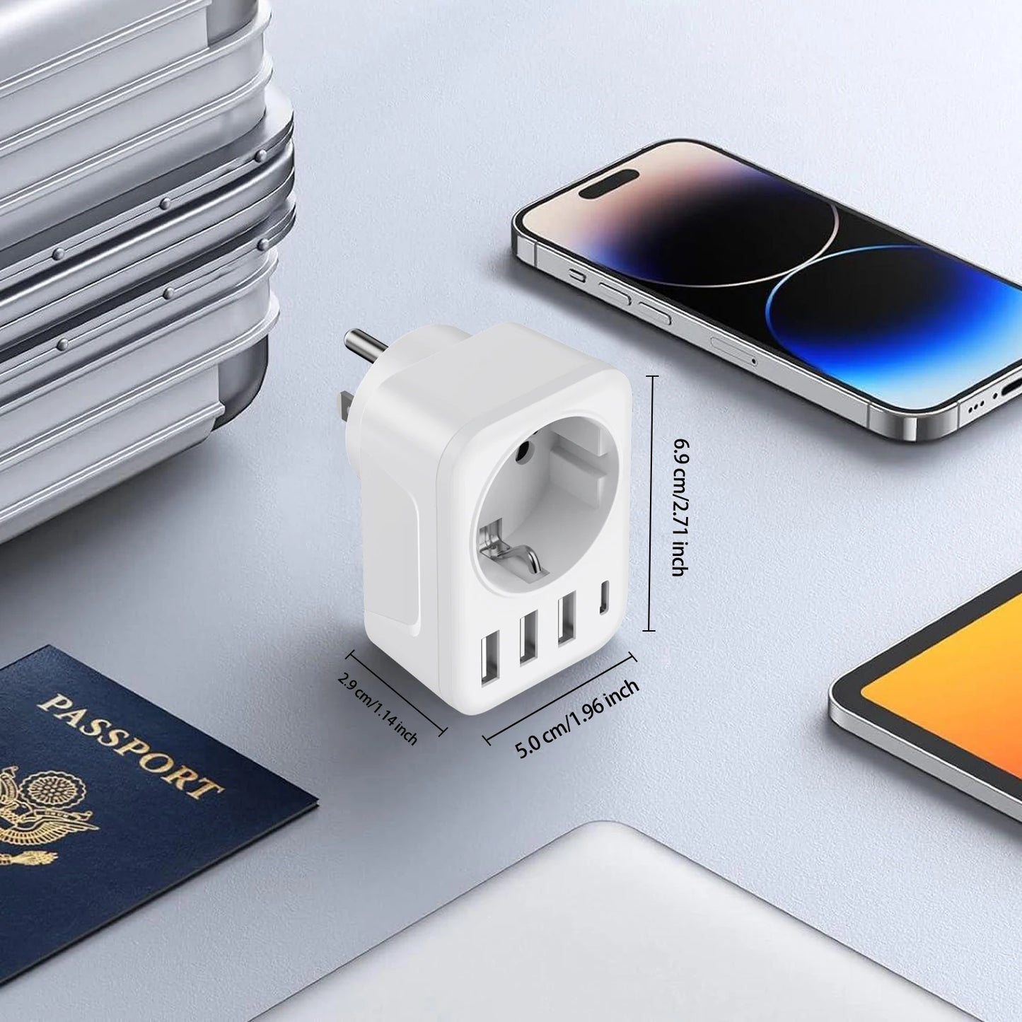 Travel Adapter USA to Europe — 3 USB + 1 Type-C Wall Socket Power Converter for America, Canada, Mexico