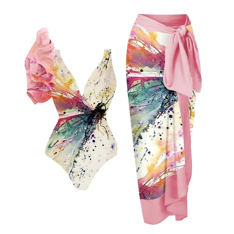 Blue One-Shoulder Ruffle Floral Monokini Swimsuit with Cover Up Sexy One Piece Beach Swimwear for Women Summer