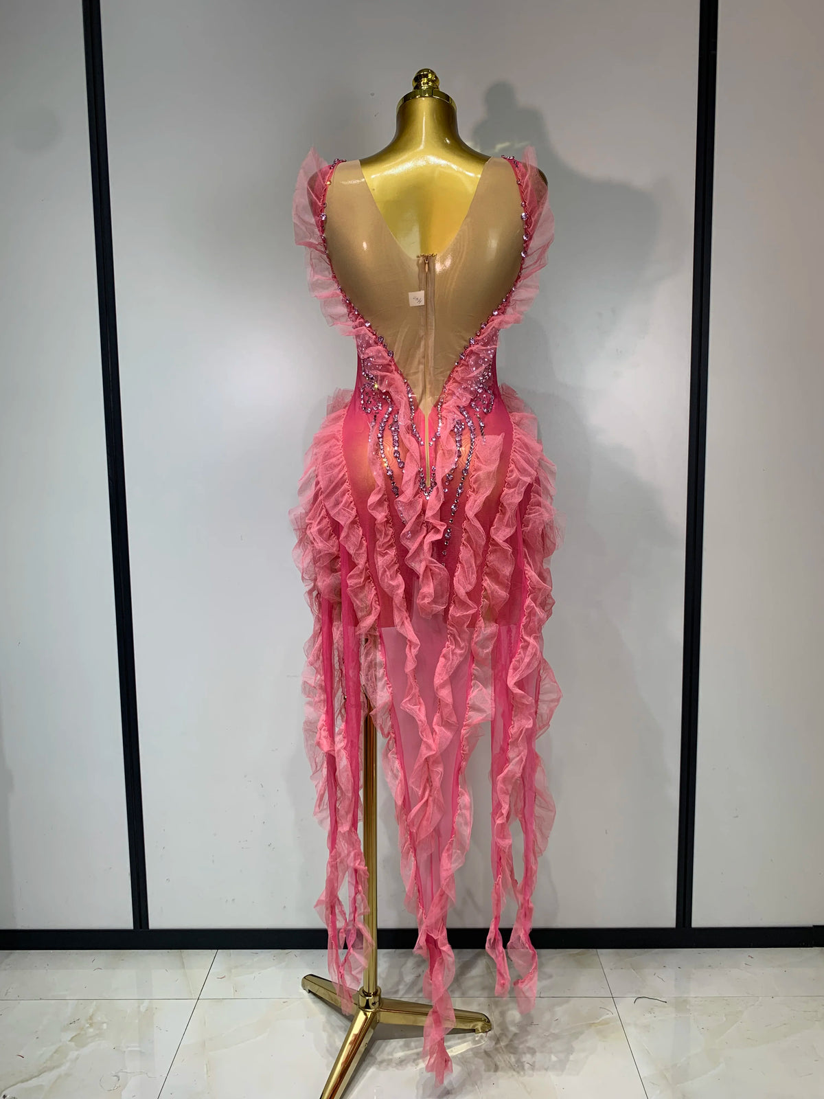 Shining Rhinestone Tassel Mesh Dress - Sheer Evening Party & Stage Performance Outfit