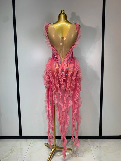 Shining Rhinestone Tassel Mesh Dress - Sheer Evening Party & Stage Performance Outfit