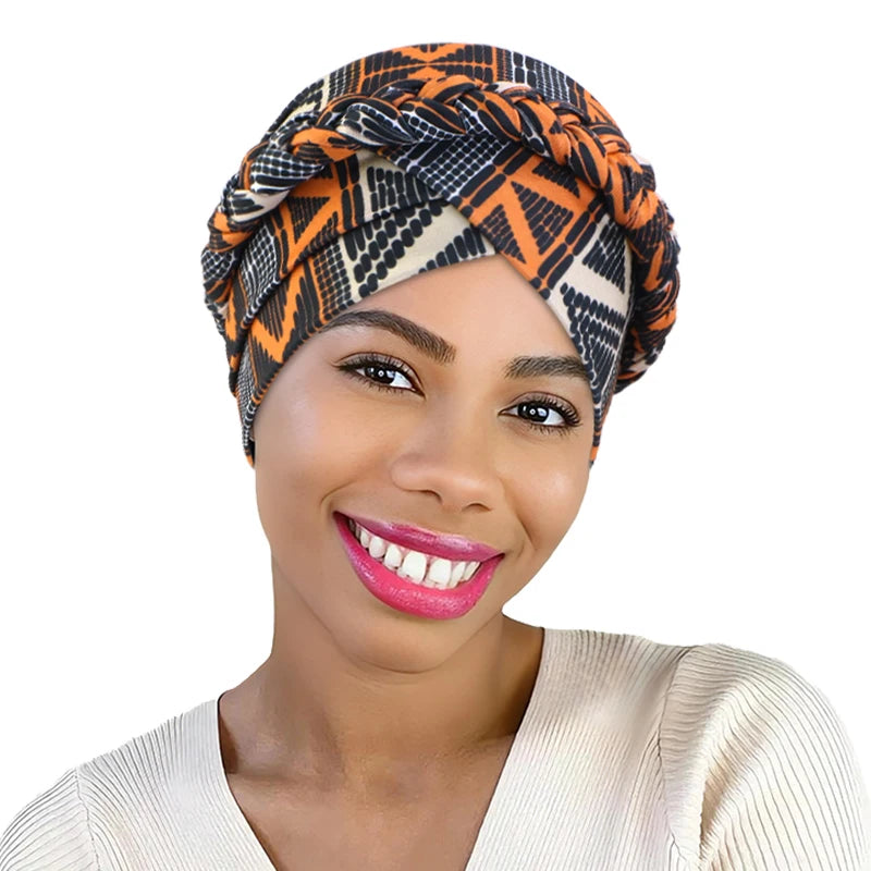 African Print Turban Headband Cap - Twisted Braid Head Wrap with Skullcap Style for Women
