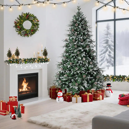 Pre-Lit Snow Flocked Christmas Tree with LED Lights & Pine Cones — 6ft/7.5ft/9ft Artificial Holiday Tree for Home Decor