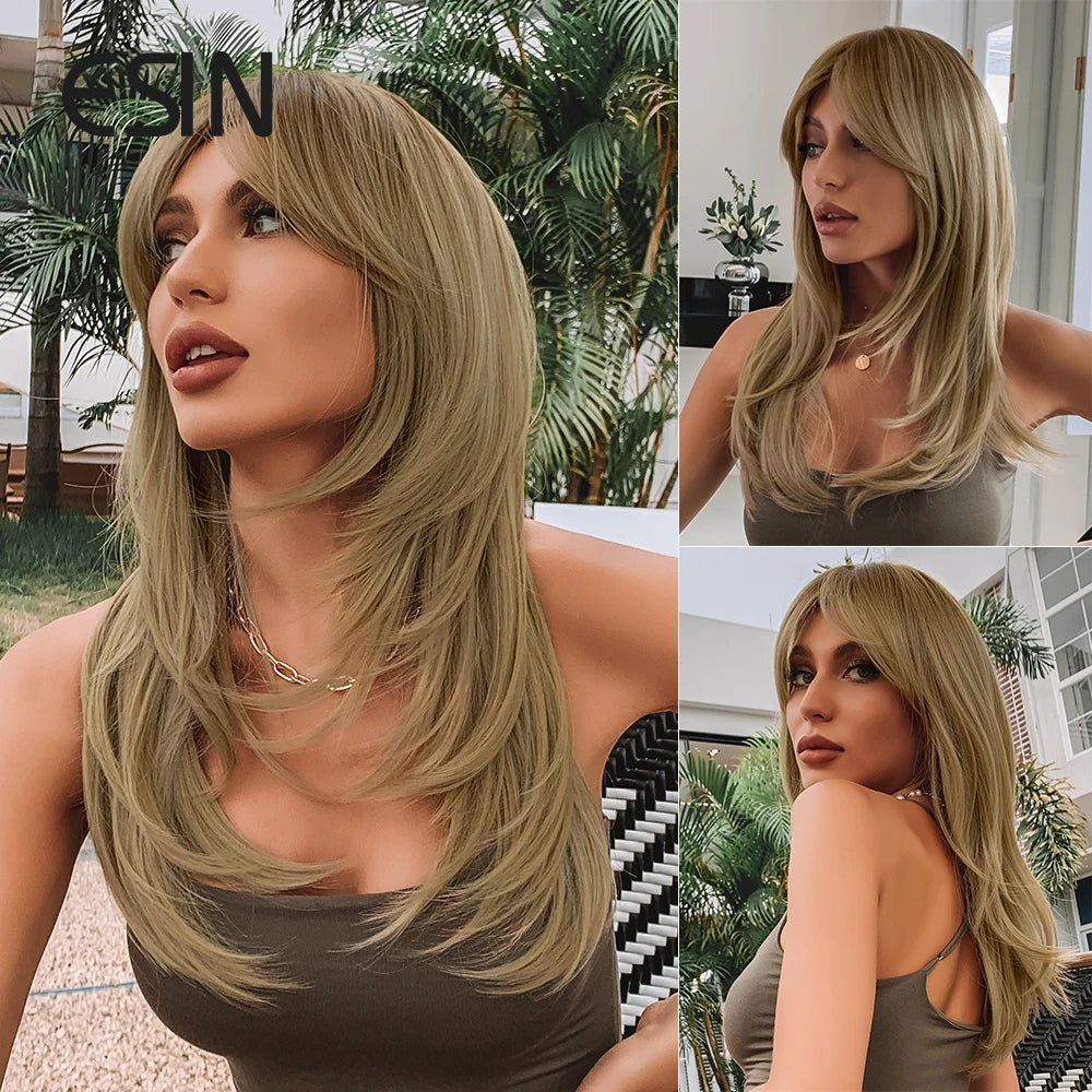 ESIN Synthetic Dark Brown Wig for Women - Long Wavy Wig with Bangs, Heat Resistant for Party & Daily Use