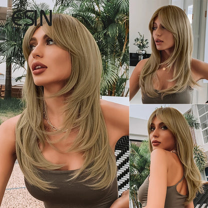 ESIN Synthetic Dark Brown Wig for Women - Long Wavy Wig with Bangs, Heat Resistant for Party & Daily Use