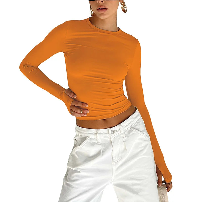 Women’s Long Sleeve Slim Fit Crop Top T-Shirt – Crew Neck Solid Color Thumb Hole Streetwear Summer Camisole Top