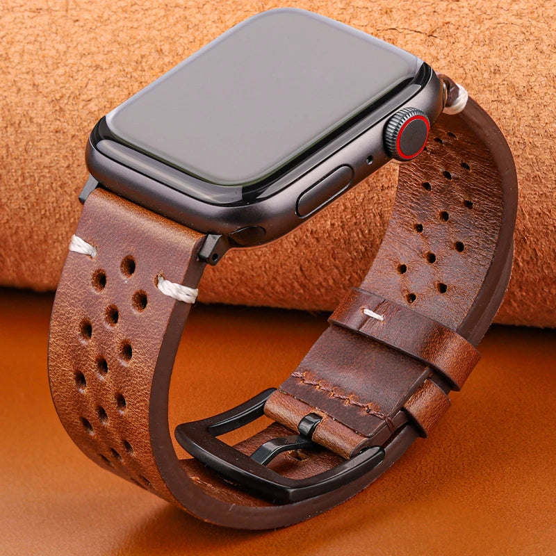 Genuine Leather Apple Watch Strap – Compatible with Series 7, 6, 5, 4, SE (40mm–49mm) for Men & Women