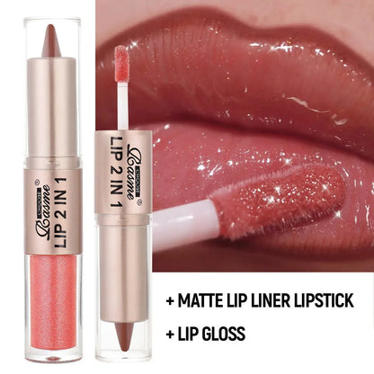 2-in-1 Tapered Lip Liner Pen - Waterproof Nude Brown Lip Contour & Matte Gloss Makeup