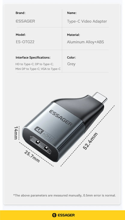 Essager USB-C to HDMI/DP/VGA Adapter – 4K@120Hz 8K@60Hz Video Converter for MacBook & TV Box