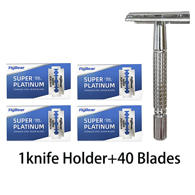 Double Edge Beard Shaver Set – Men's Classic Stainless Steel Razor with Trimmer Blades and Storage Box