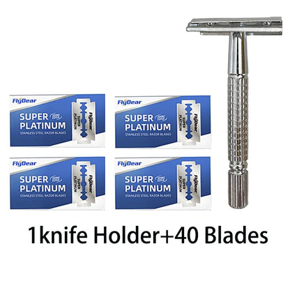 Double Edge Beard Shaver Set – Men's Classic Stainless Steel Razor with Trimmer Blades and Storage Box