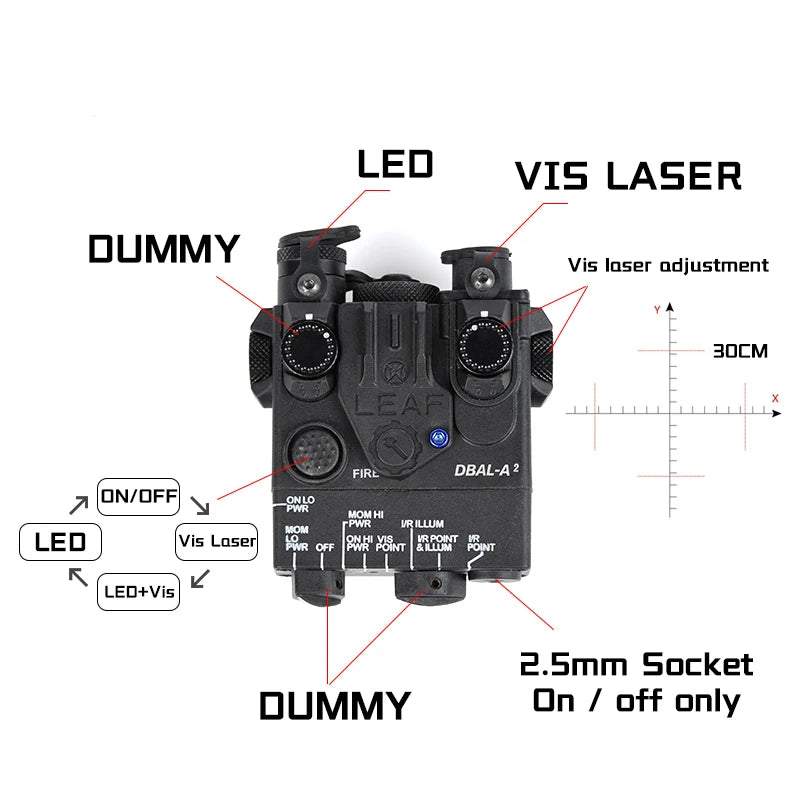 DBAL A2 Tactical Aiming Device – M300/M600 Flashlight, Red/Blue/Green Optics, 20mm Rail Mount Airsoft Accessory