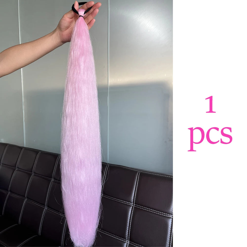 Synthetic Colorful Ponytail Extensions – Long Straight Braided Hairpieces with Rubber Band for Women