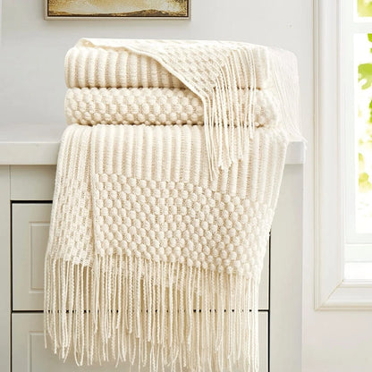 White Boho Throw Blanket – Textured Chunky Knitted Vintage Luxury Bedspread, Sofa Cover Manta Para Sofá