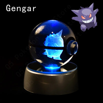 Pokemon 3D Crystal Ball Figurine — Pikachu, Gengar, Mew, Mewtwo Glass Statue with Lamp Base, Kids Birthday Gift