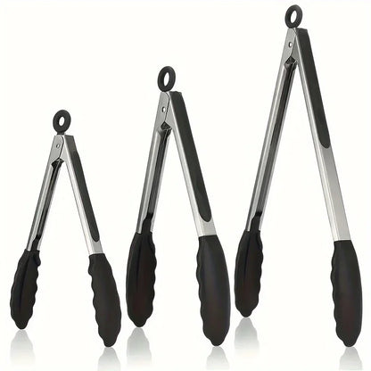 Heavy Duty Stainless Steel Kitchen Tongs - Heat Resistant Silicone Tips with Locking Secure Grip Design
